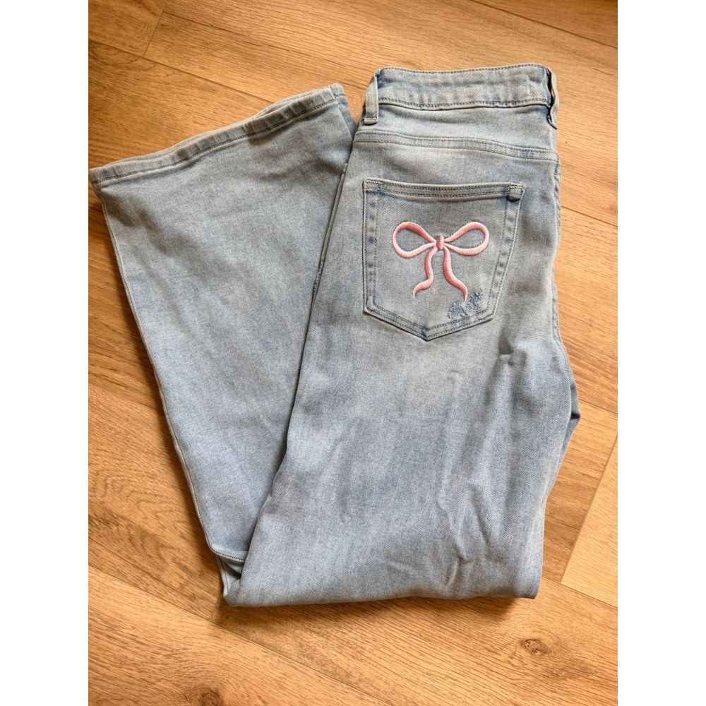 Onero Wide Leg Jeans Light Wash Pink Bow Embroidered Tik Tok Shop Size 28